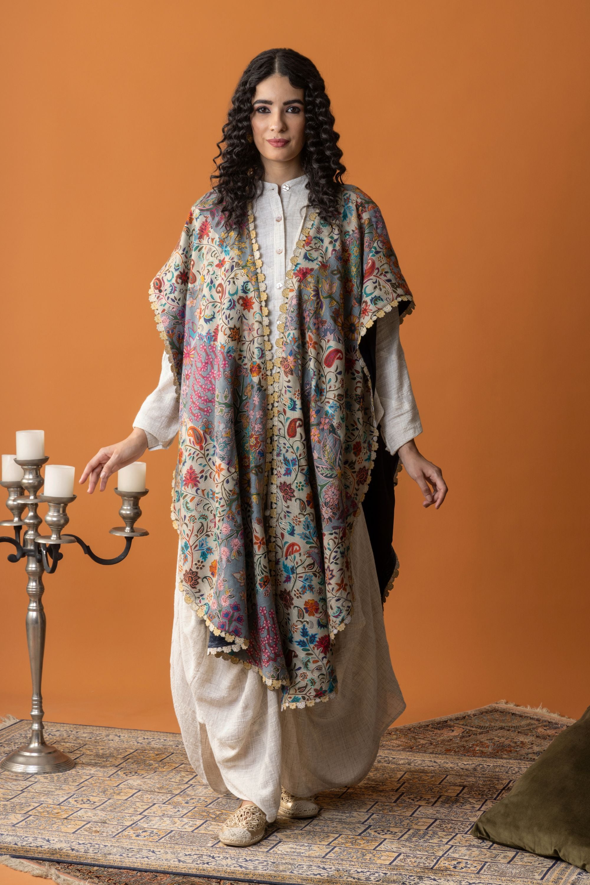 Asma Embroidered Wool Cape with Inner Skirt & Top