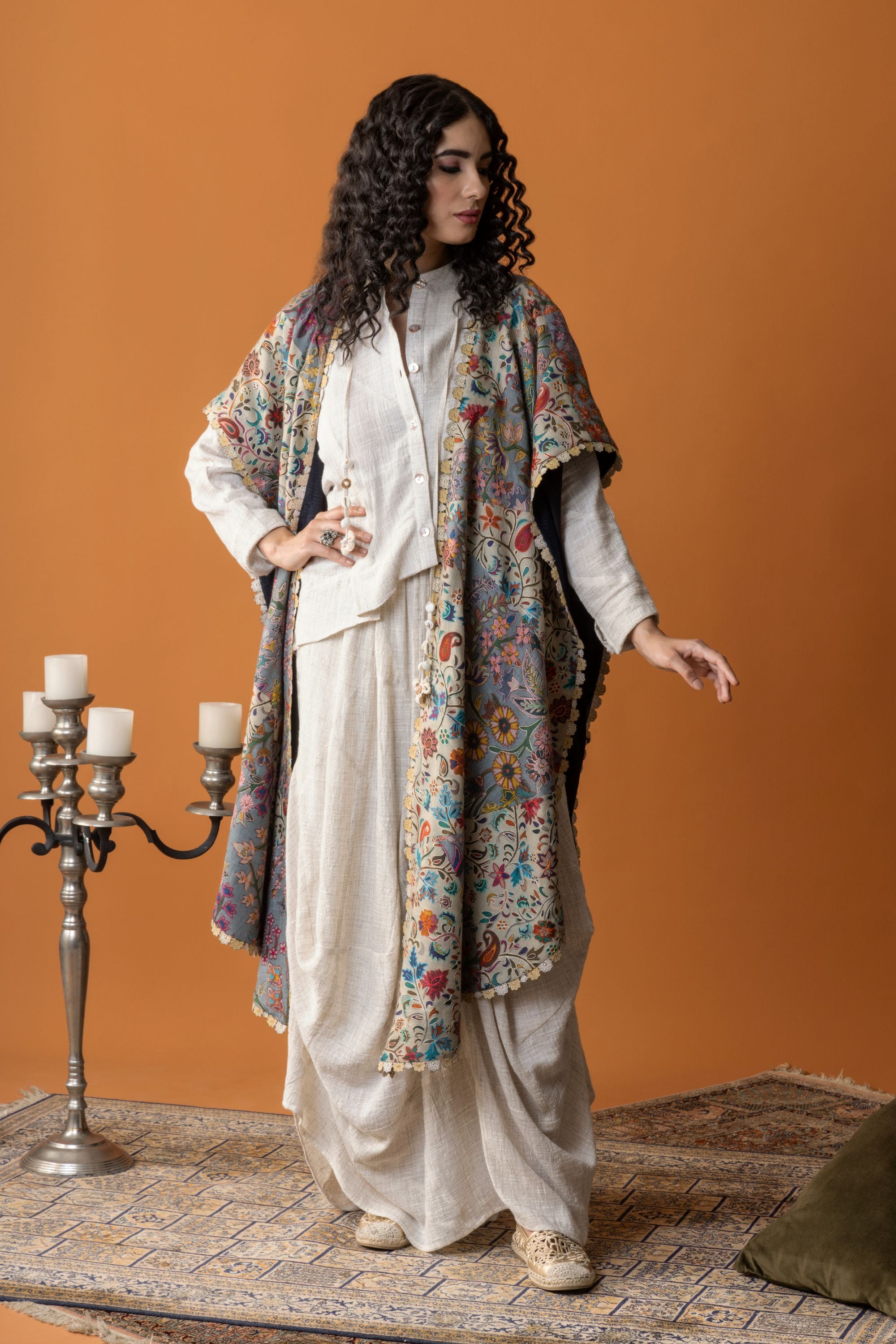 Asma Embroidered Wool Cape with Inner Skirt & Top