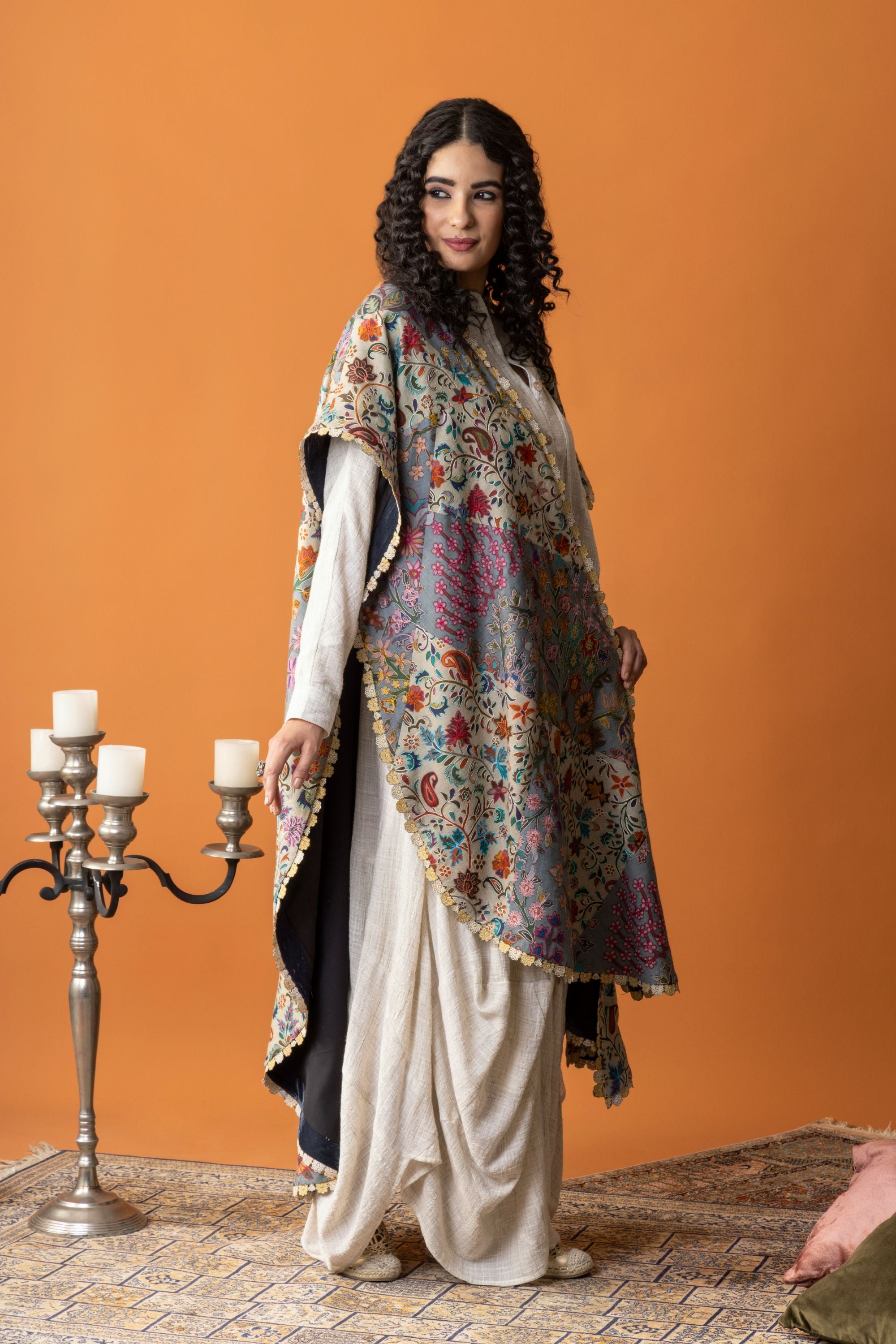 Asma Embroidered Wool Cape with Inner Skirt & Top