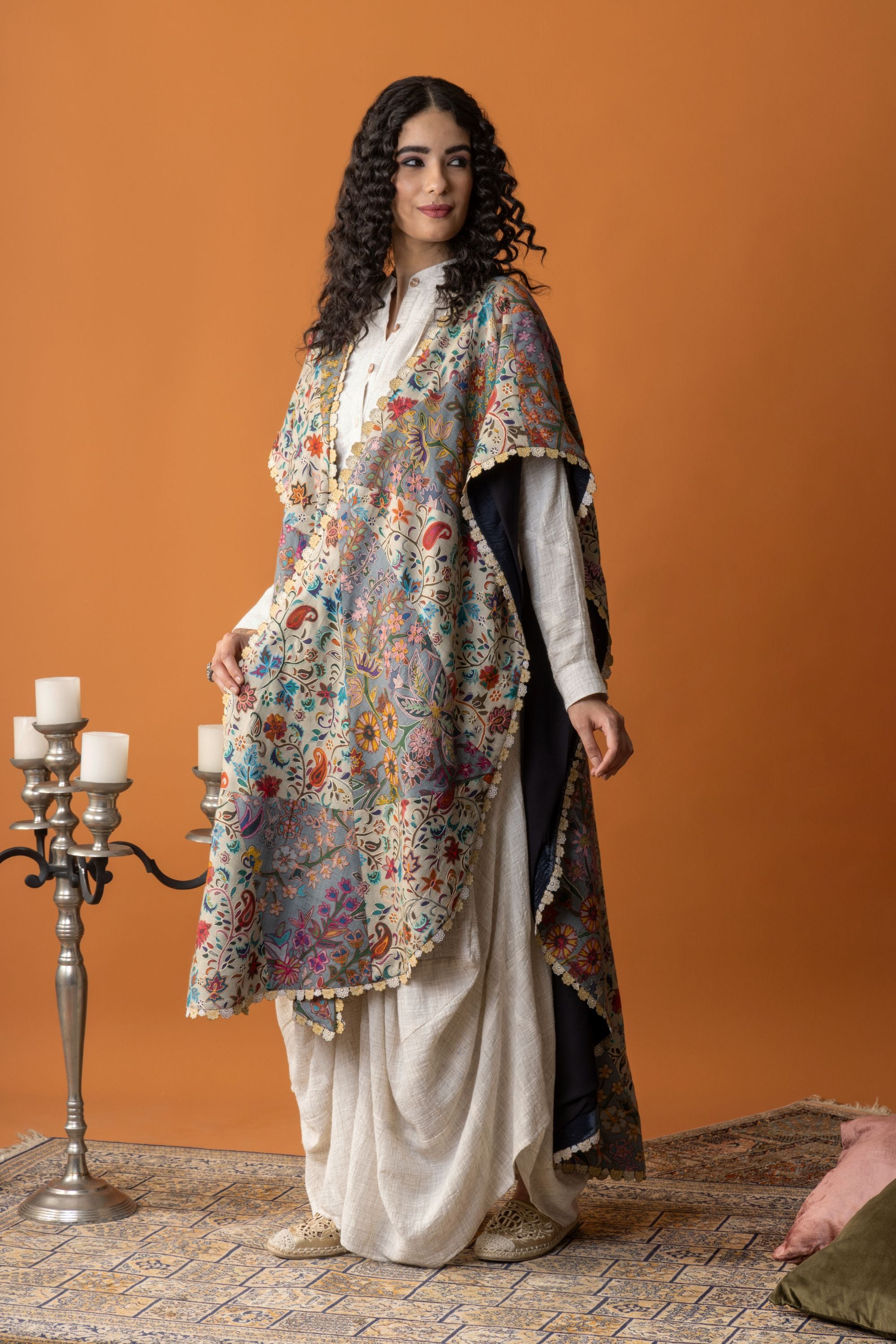 Asma Embroidered Wool Cape with Inner Skirt & Top