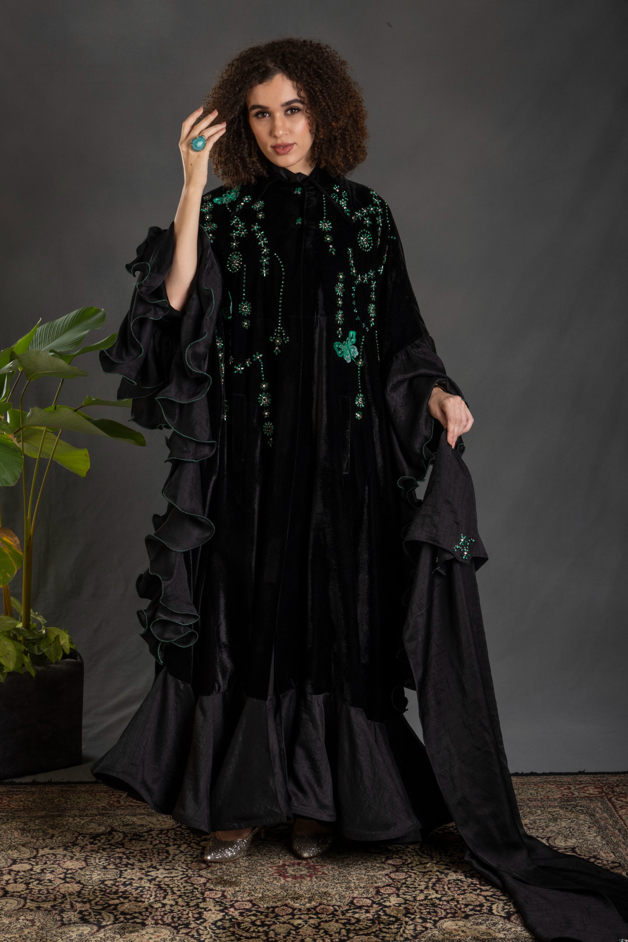 Zeina Embroidered Ruffled Cape with Embellishment