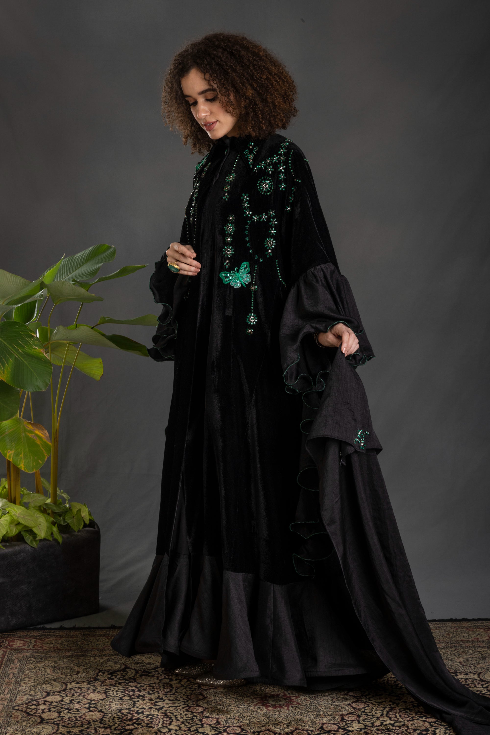 Zeina Embroidered Ruffled Cape with Embellishment