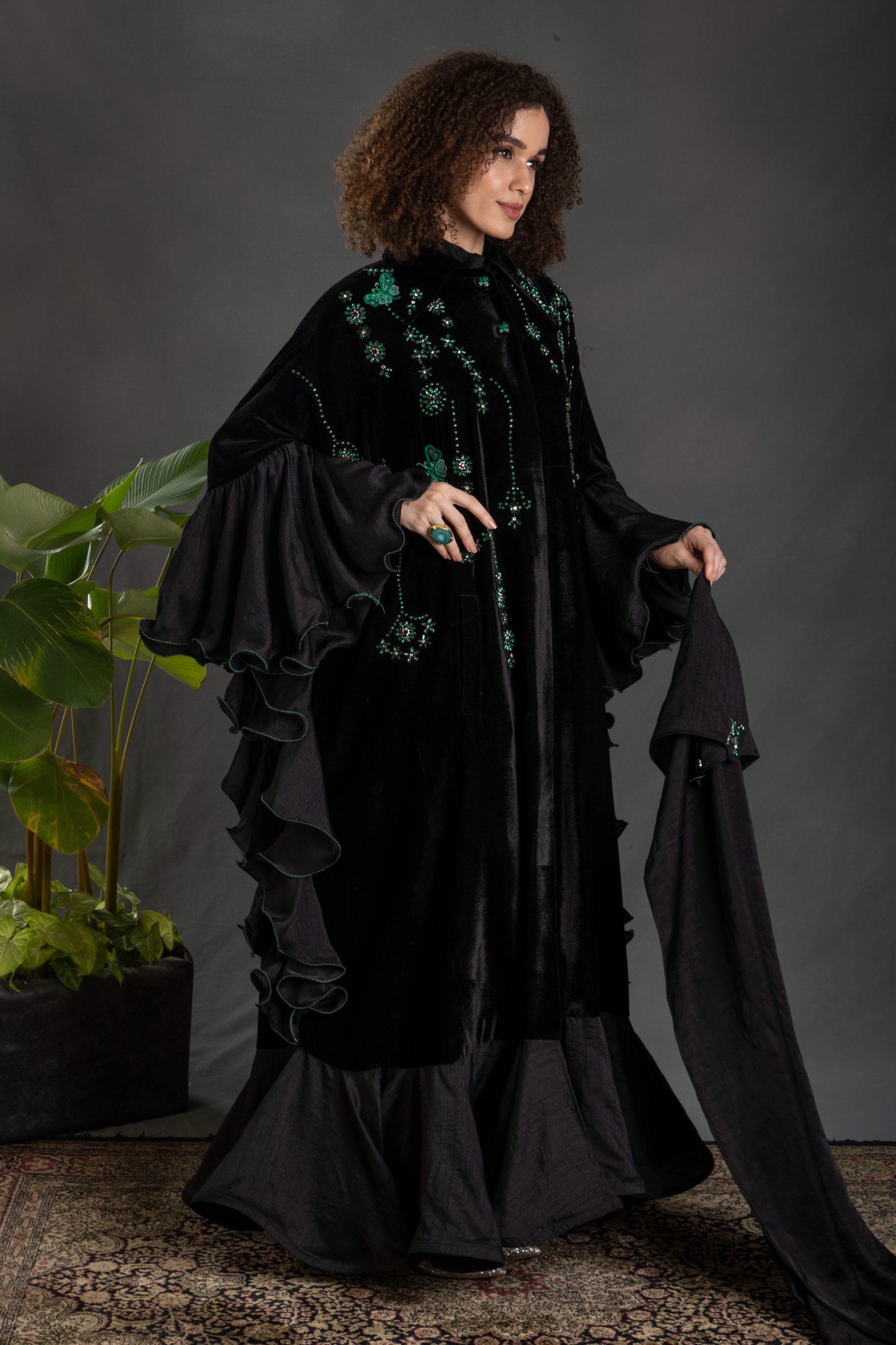 Zeina Embroidered Ruffled Cape with Embellishment