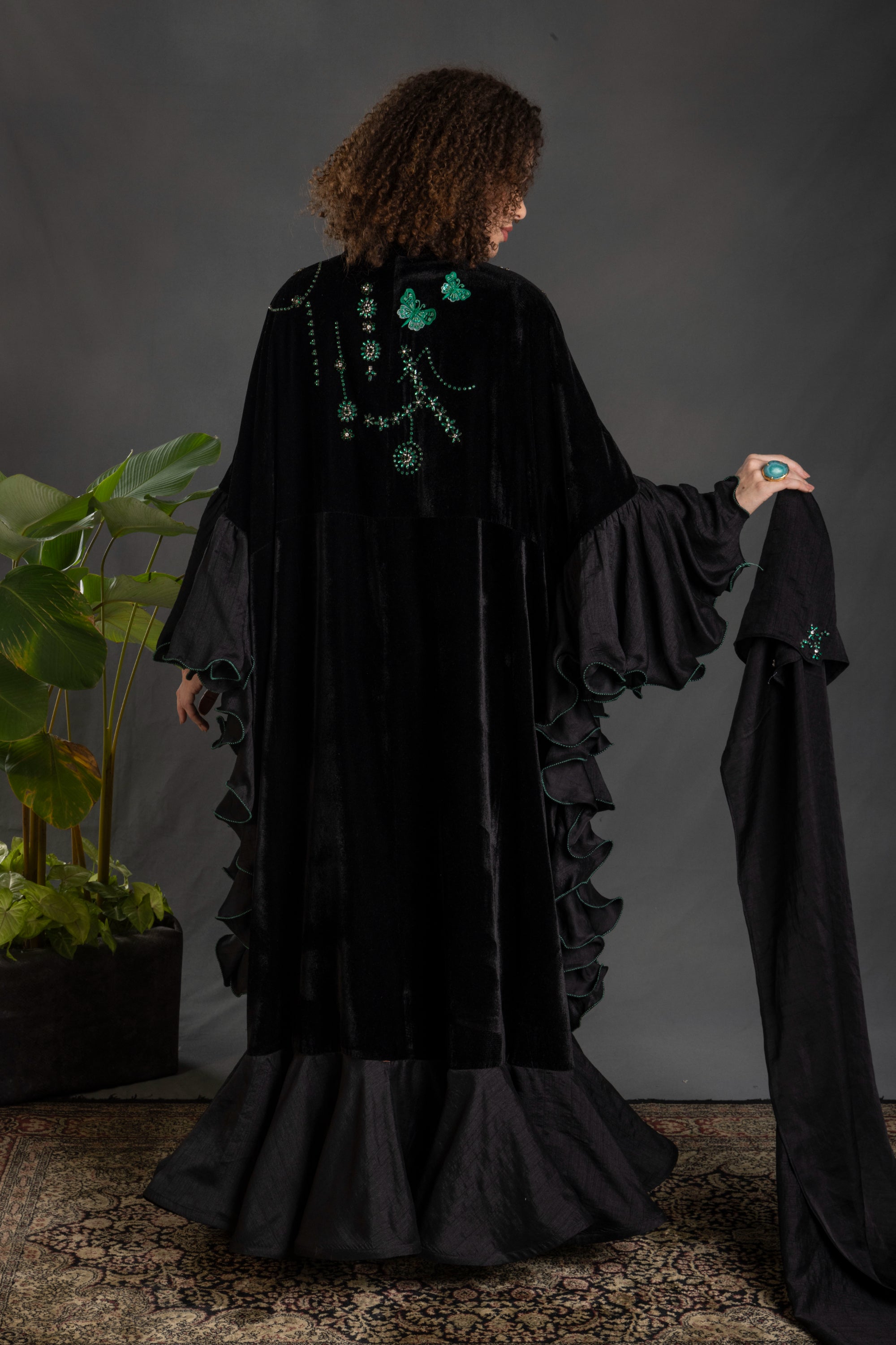 Zeina Embroidered Ruffled Cape with Embellishment