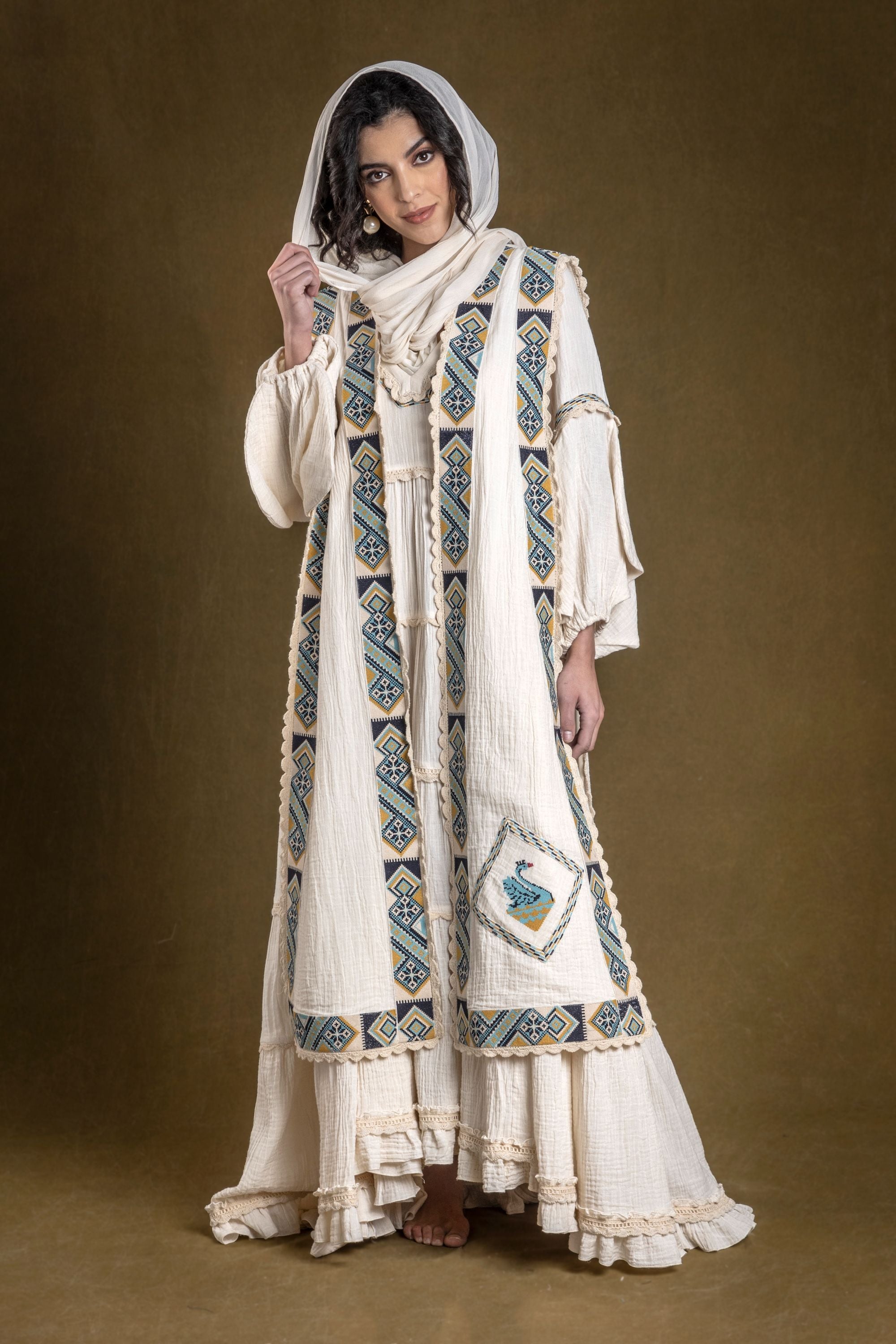 Mashal Long Embroidered Tiered Jalabiya with Dusala Cape