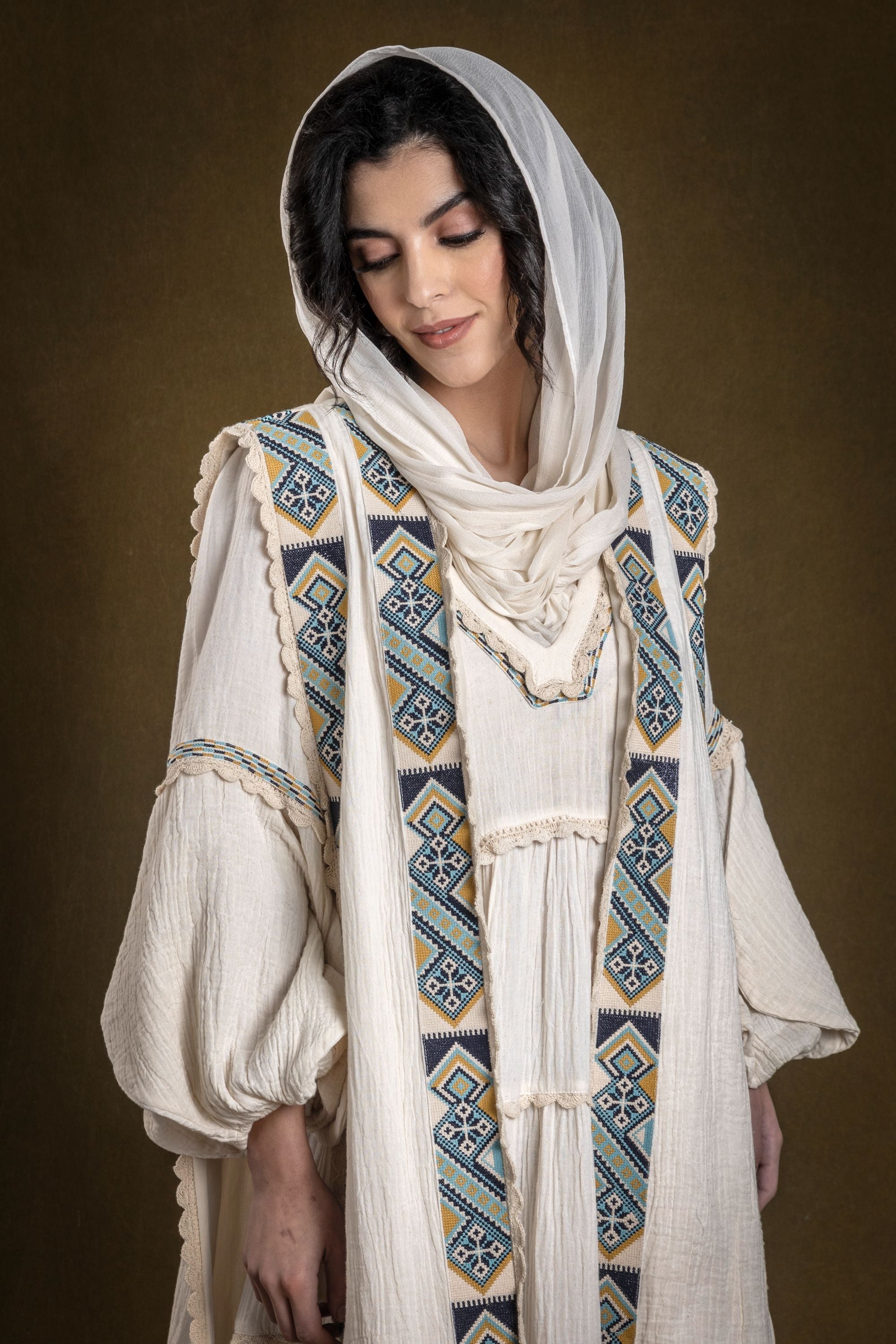 Mashal Long Embroidered Tiered Jalabiya with Dusala Cape