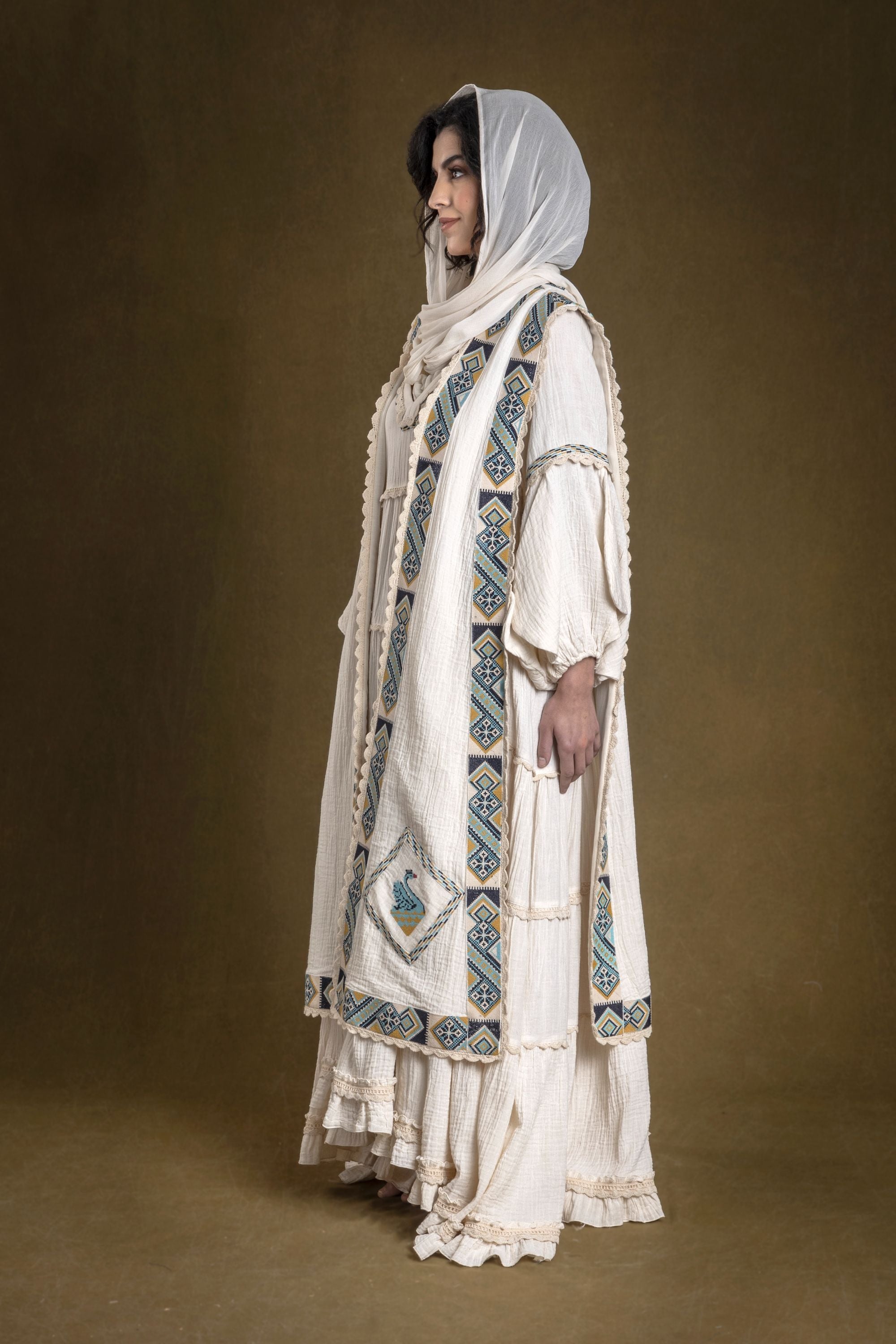 Mashal Long Embroidered Tiered Jalabiya with Dusala Cape