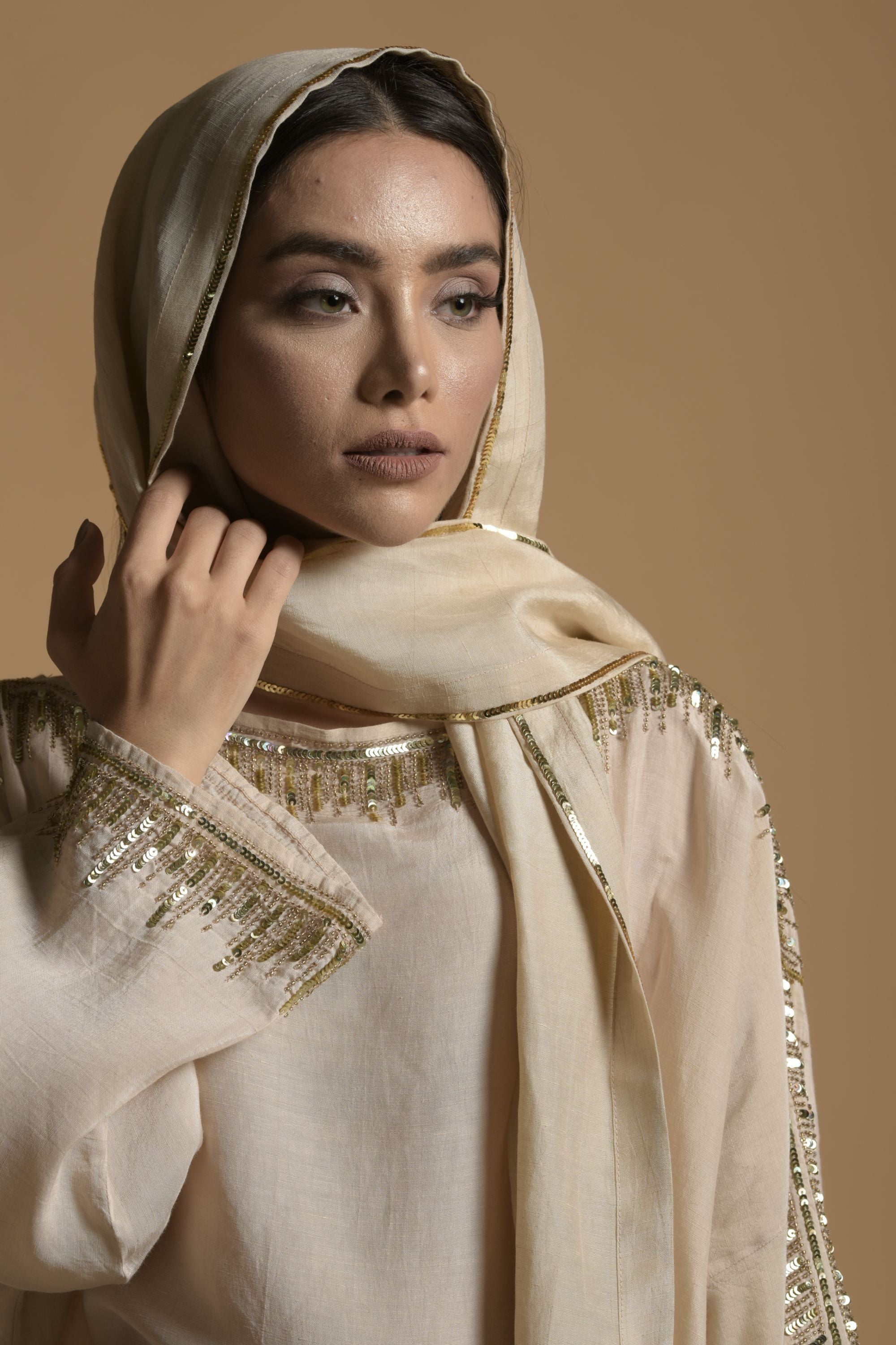 Sakina Embellished Long Jalabiya with Inner Cotton Cami & Scarf