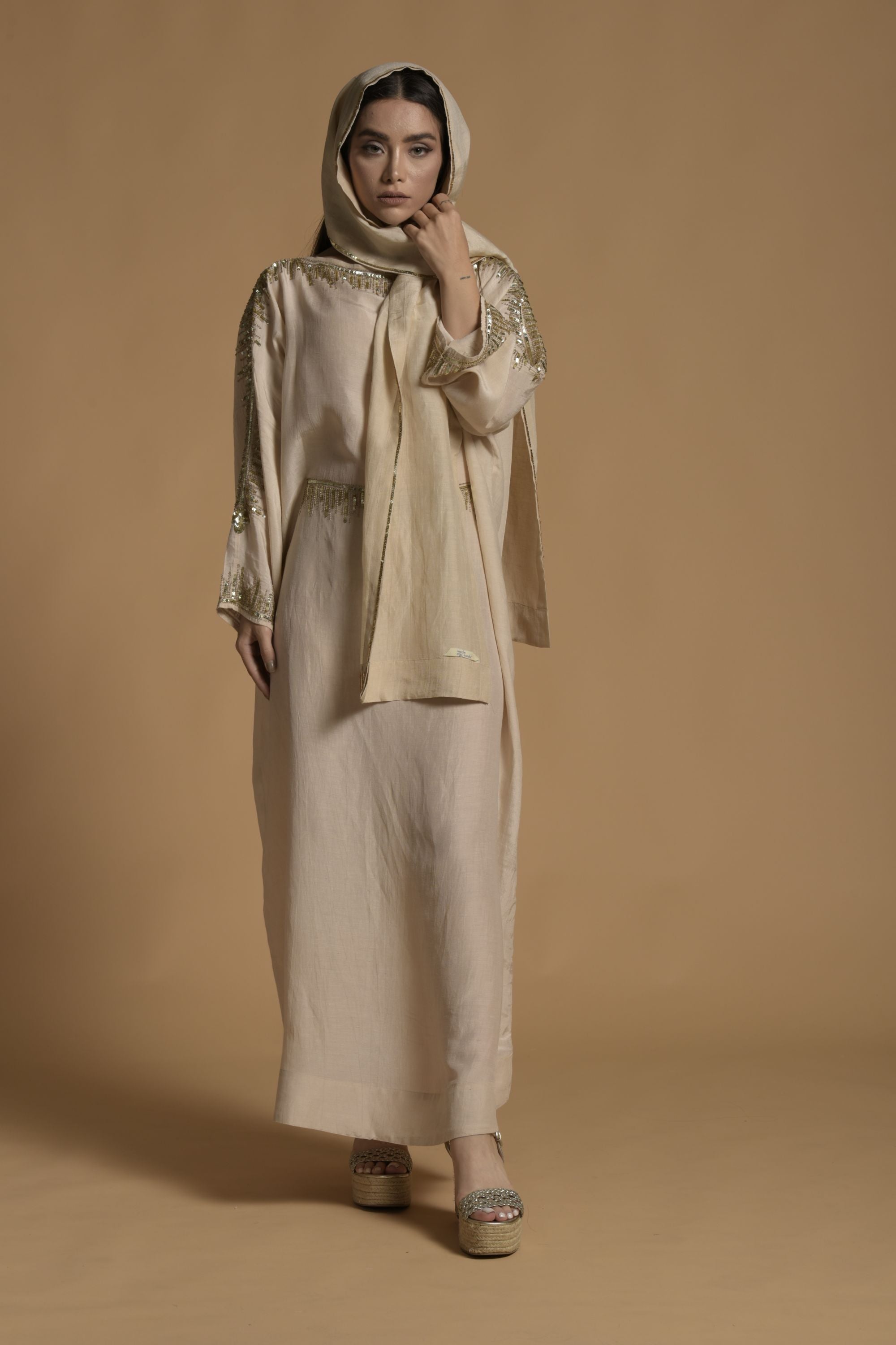 Sakina Embellished Long Jalabiya with Inner Cotton Cami & Scarf