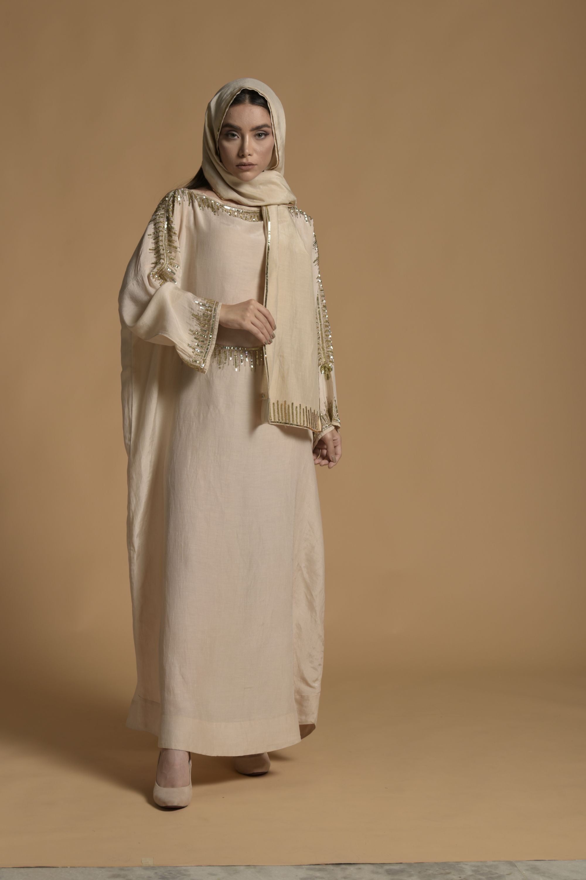 Sakina Embellished Long Jalabiya with Inner Cotton Cami & Scarf