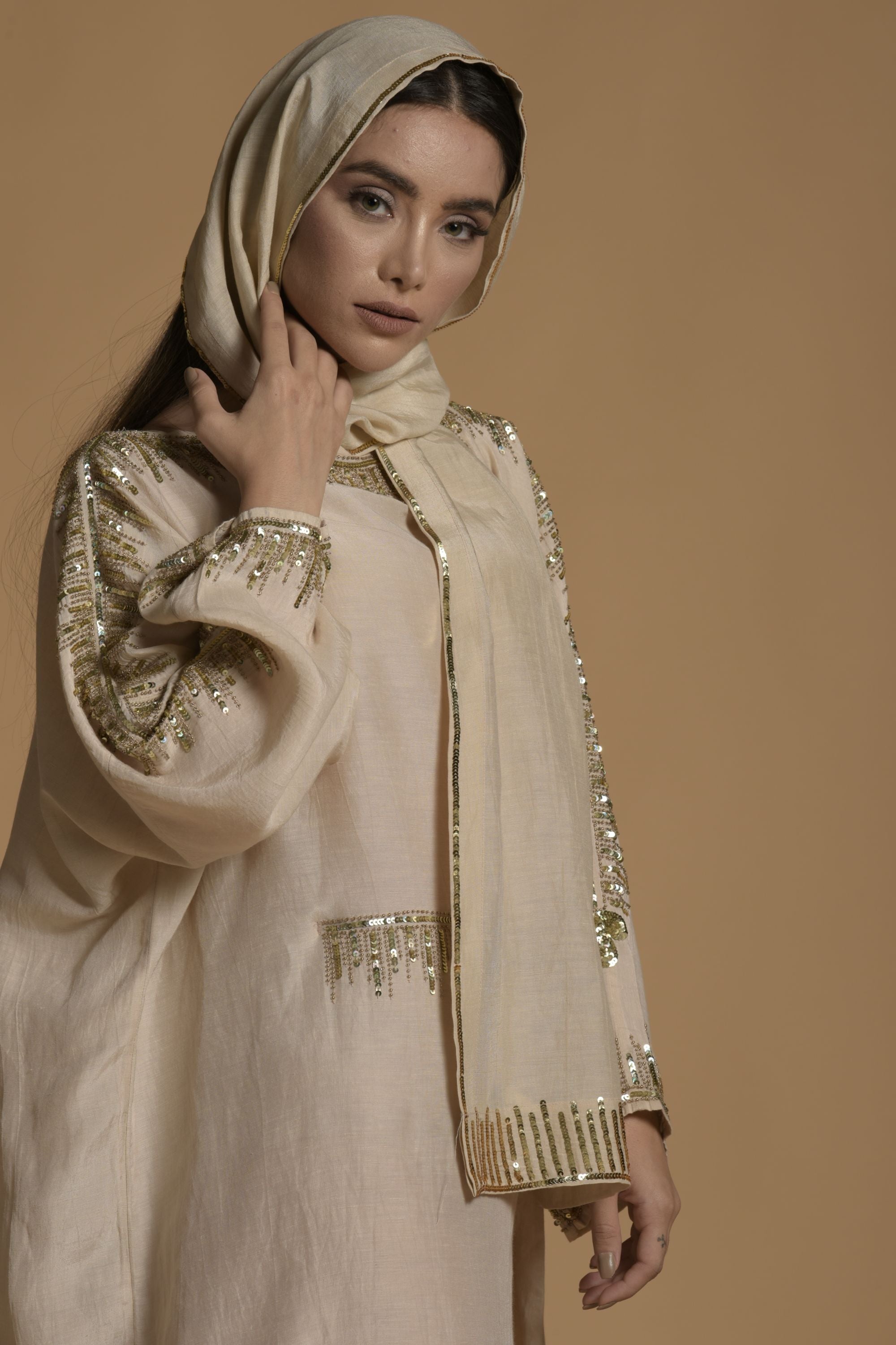 Sakina Embellished Long Jalabiya with Inner Cotton Cami & Scarf