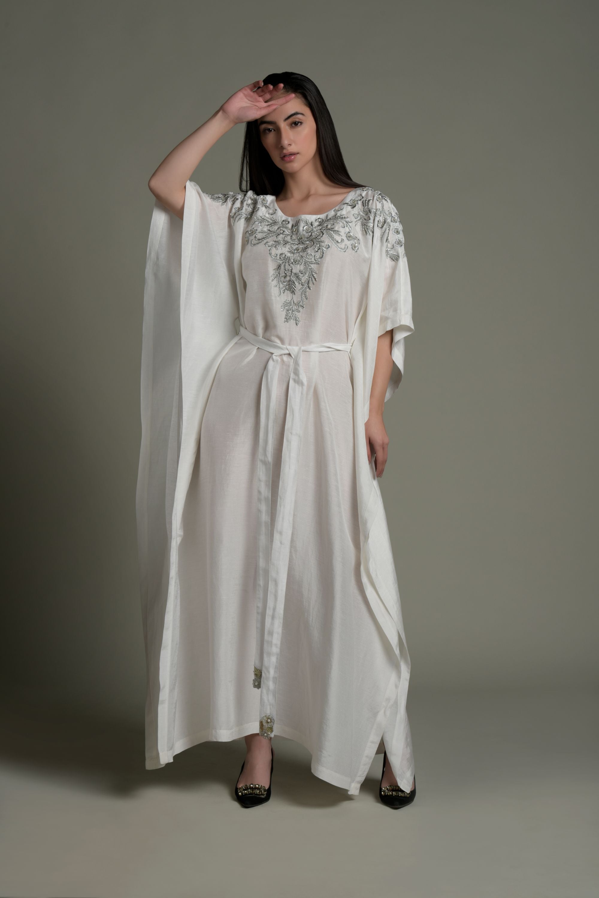 Zhavia Embellished & Embroidered Jalabiya with Inner Cotton Cami