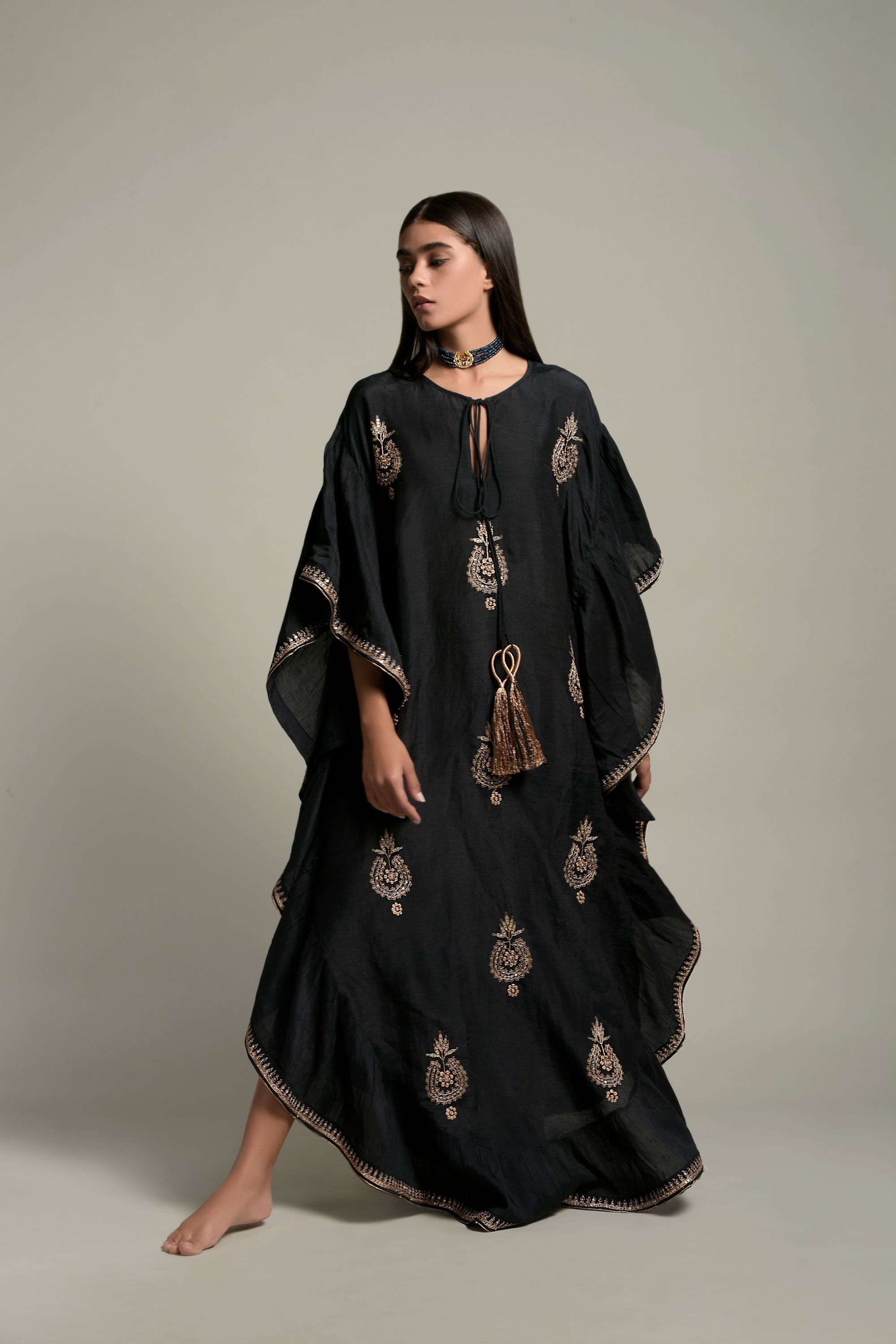 Sayra Embellished & Embroidered Jalabiya With Inner Cotton Cami